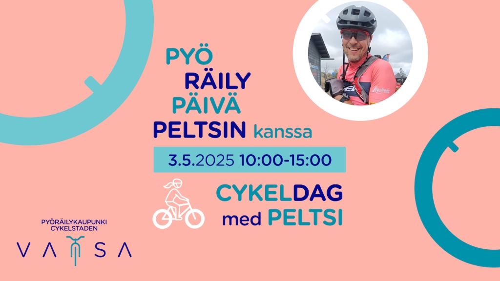 Leende cyklist med cykelhjälm och cykelglasögon. Text: Cykeldag med Peltsi 3.5.2025 kl. 10–15.